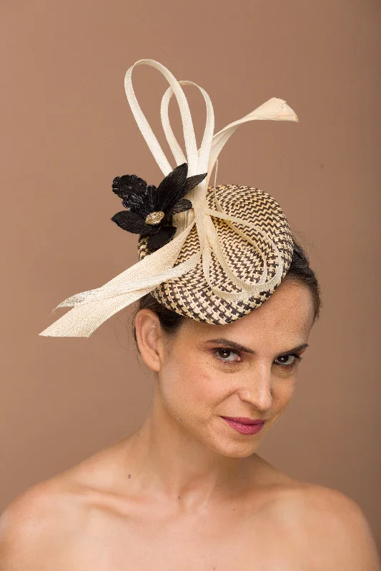 Lightweight felt hat for easy portability -Josie- Black leather flower fascinator with cream twirls