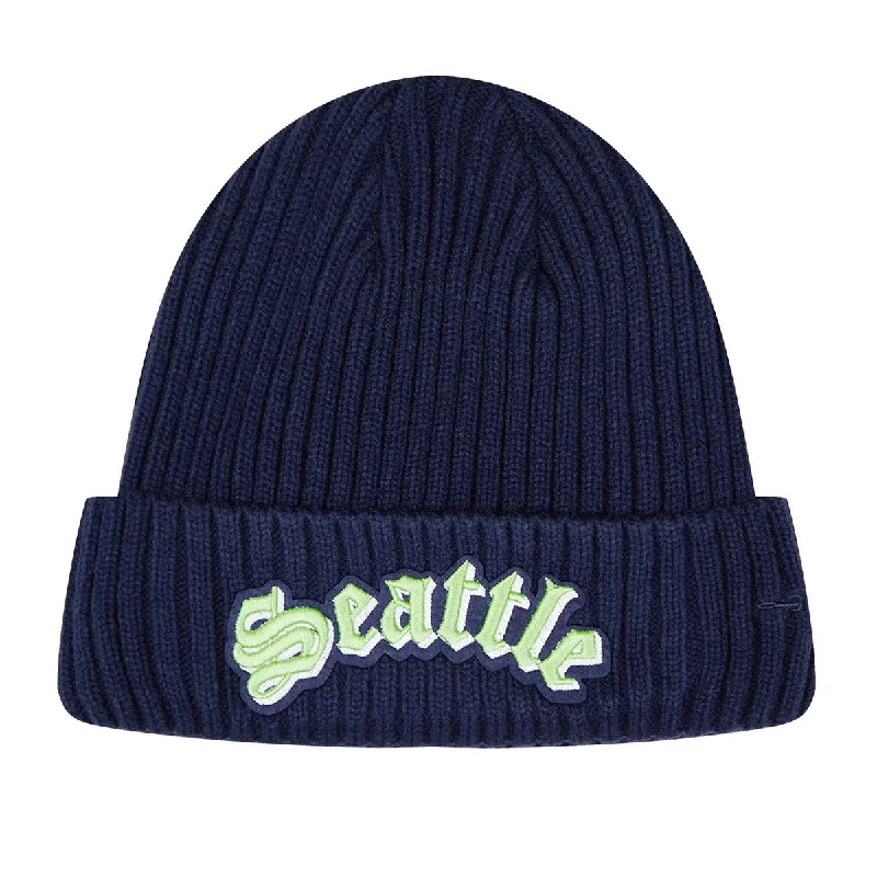 Minimalist cap with small stitched emblem -NFL SEATTLE SEAHAWKS OLD ENGLISH UNISEX BEANIE (MIDNIGHT NAVY)