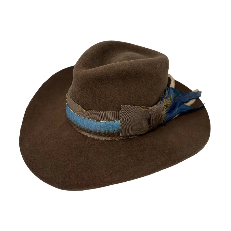 Stylish felt hat with modern brim curve -Pecan Brown Teardrop Felt with Turquoise Python