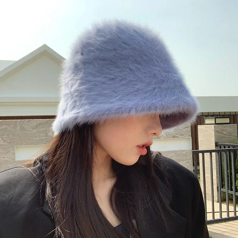 Orange Bucket Hat for Energetic -Winter Women Solid Color Fur Hat Bucket Cap Fisherman Hat Bucket Hat