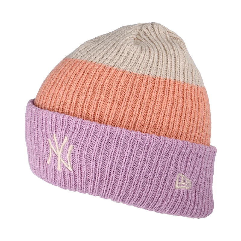 Team logo cap for loyal fan support -New Era Womens New York Yankees Cuffed Beanie Hat - MLB Stripe - Lavender-Peach-Stone