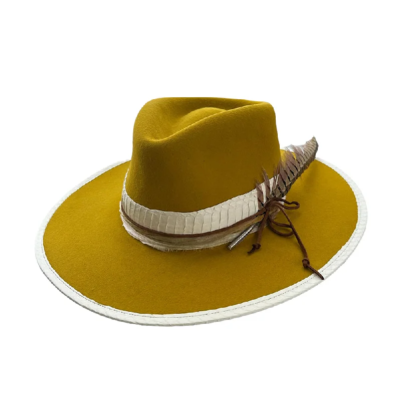 Lightweight felt hat for easy portability -Mustard Flat Brim Fedora