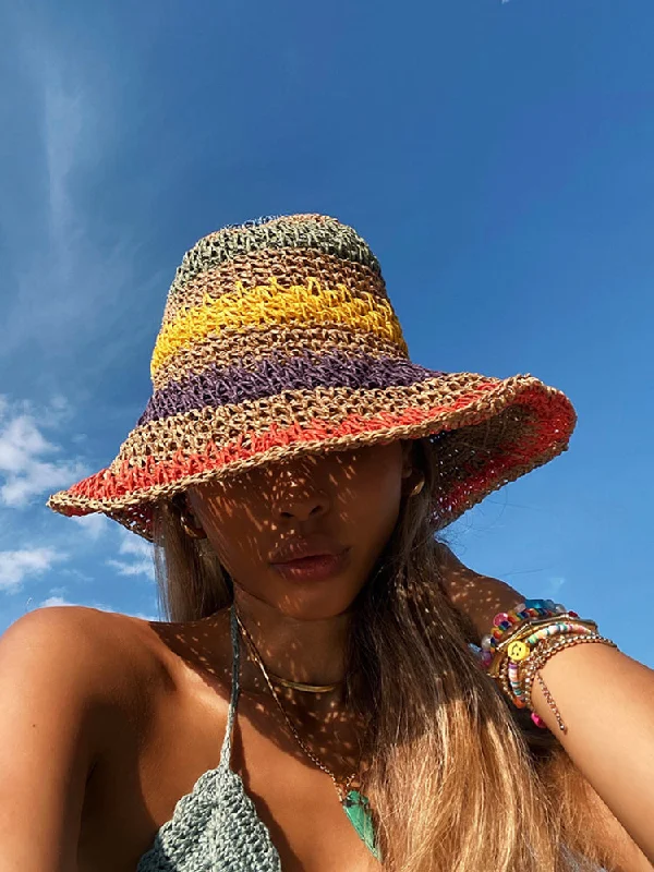 Bohemian Bucket Hat with Tassels -Woman Sun Straw Handmade Rainbow Striped Crochet Beach Bucket Hat