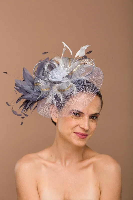 Breathable wool felt hat for warm climates -Ruby- grey and silver veil fascinator with grey feathers and pearls