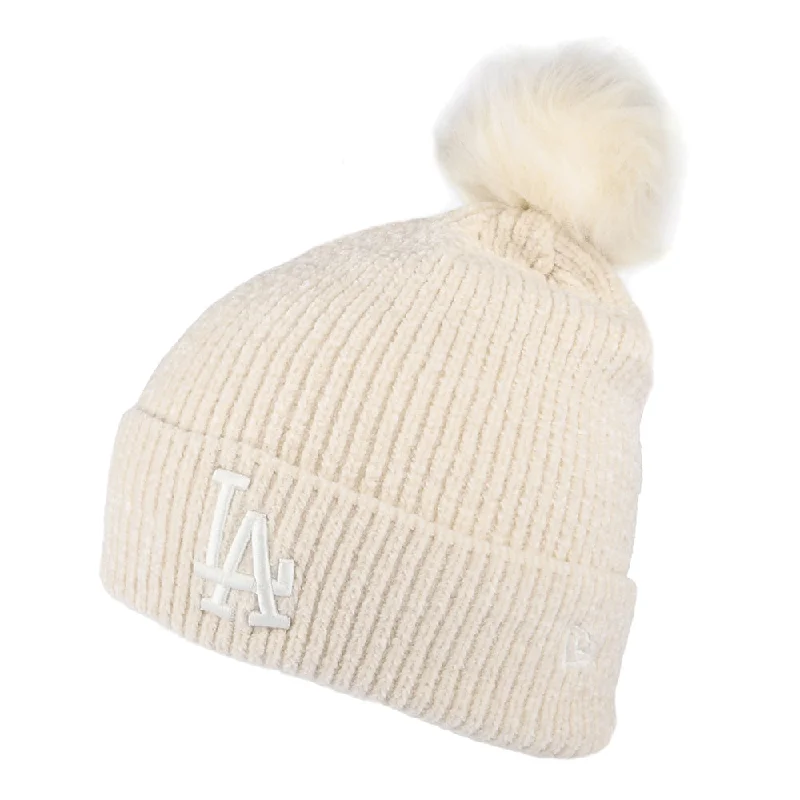 Designer baseball cap for luxury streetwear -New Era Womens L.A. Dodgers Faux Fur Pom Bobble Hat - MLB Chenille Bobble - Cream