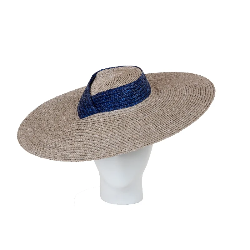 Fashionable straw hat for women with oversized brim for added shade -Coconut Shy  - Grey Blue / Navy