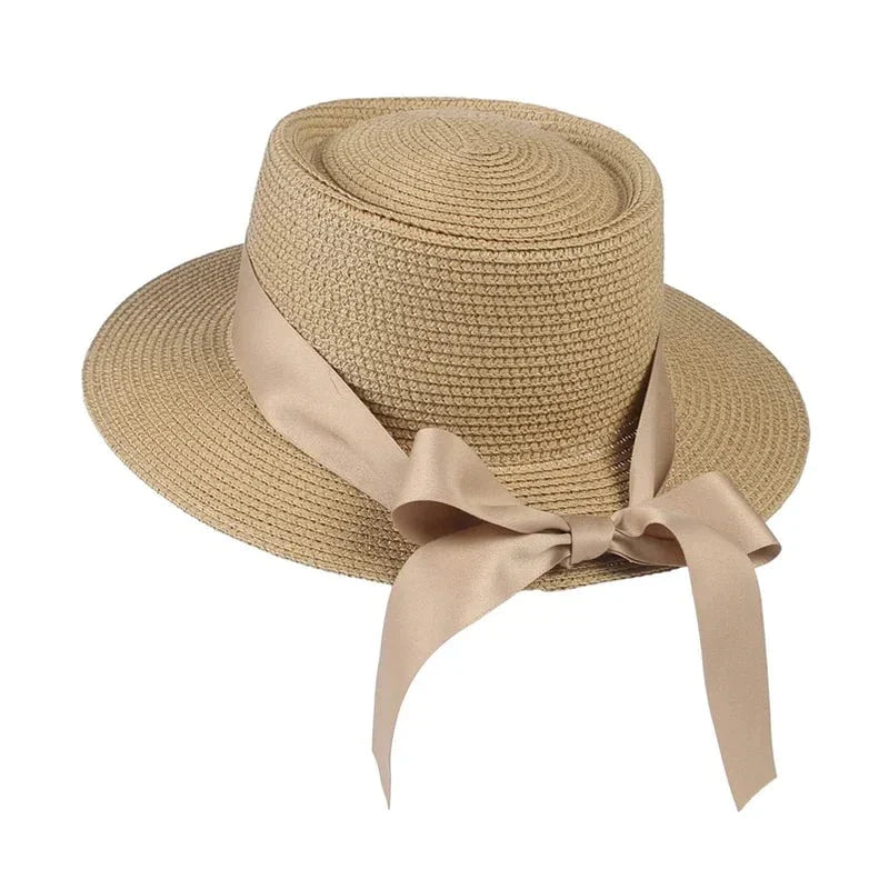 Wide-brim straw hat for women with UV protection for sunny beach days -Ribbon Wide Brim Panama Summer Hat