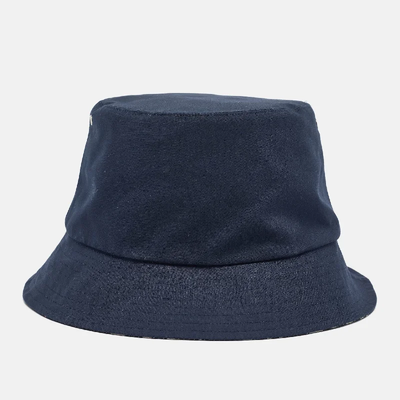 Denim Bucket Hat for Style -Dior Navy Blue Oblique Teddy-D Brim Cotton Blend Reversible Bucket Hat