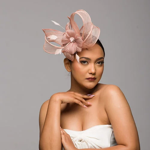 Warm felt hat for snowy mountain trips -Dusky Pink Fascinator With Feather Flowers (Luca)