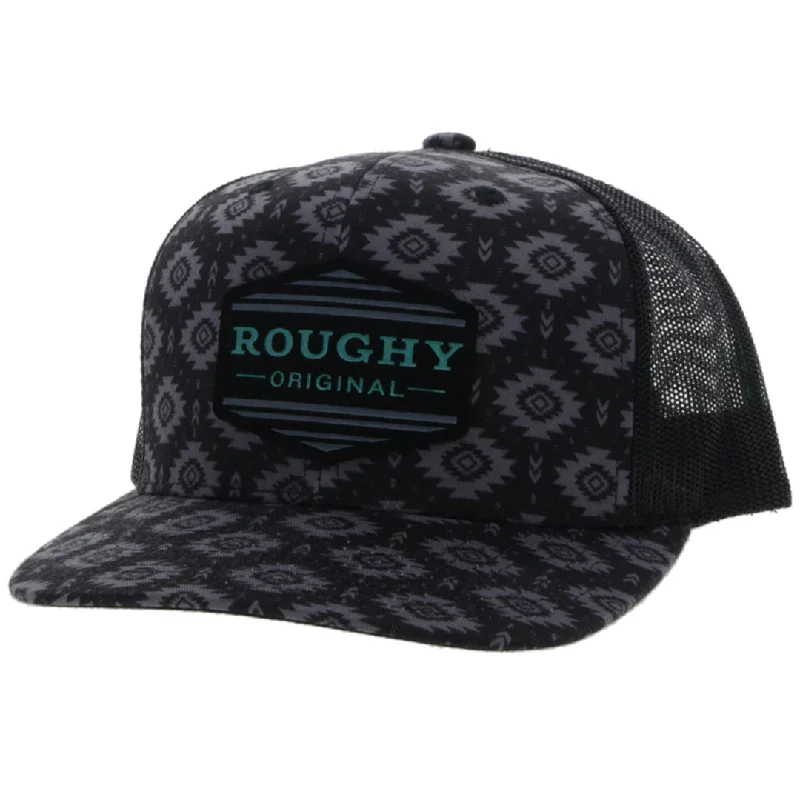 Trucker Baseball Cap for Cool -"Tribe" Roughy Black 6-Panel Trucker with Black / Grey / Turquoise Patch - OSFA