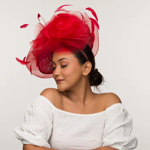 Luxury felt hat with fine wool blend -Red fascinator with feathers