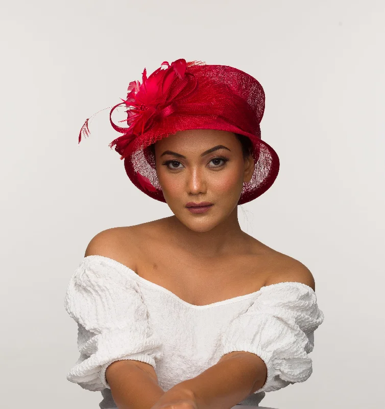 Designer felt hat with premium craftsmanship -Red luna- cloche hat with delicate flower