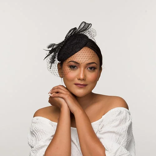 Vintage felt hat for retro fashion lovers -Black lace fascinator base with a delicate bow and veil