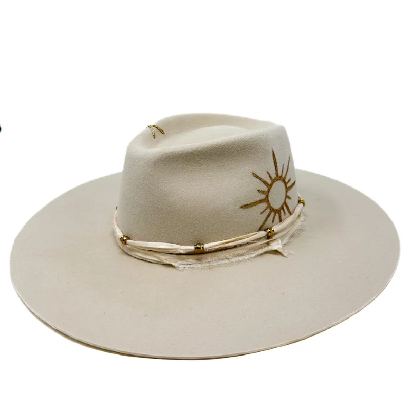 Affordable black felt hat for daily wear -MONTANA wide brim fedora cream with painted sun