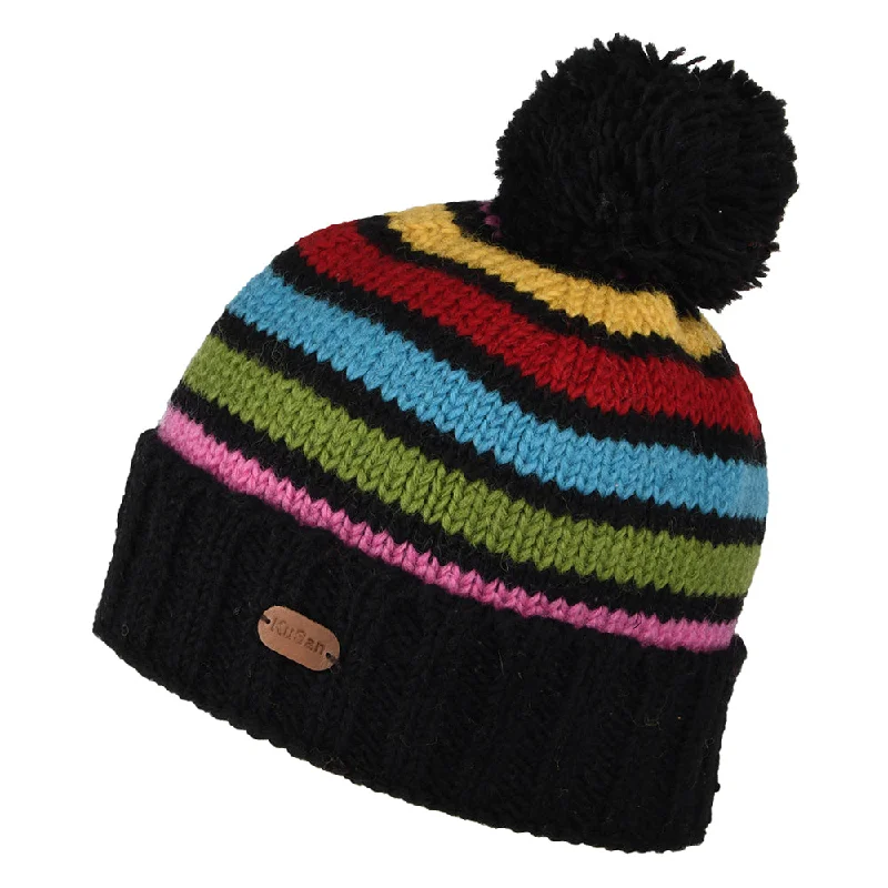 Classic cap with subtle tonal embroidery -Kusan Striped Turn Up Bobble Hat - Grey-Pink-Blue