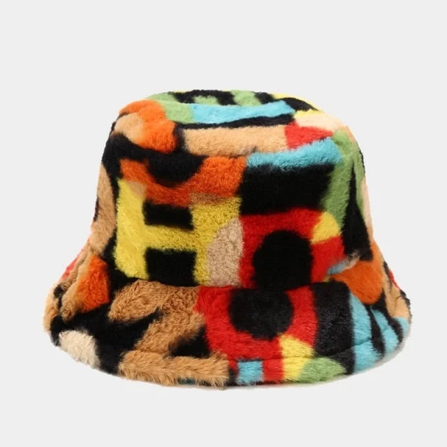 Studded Bucket Hat for Statement -Winter Warm Hip Hop Bucket Hat Women Colorful Printing Streetwear Top