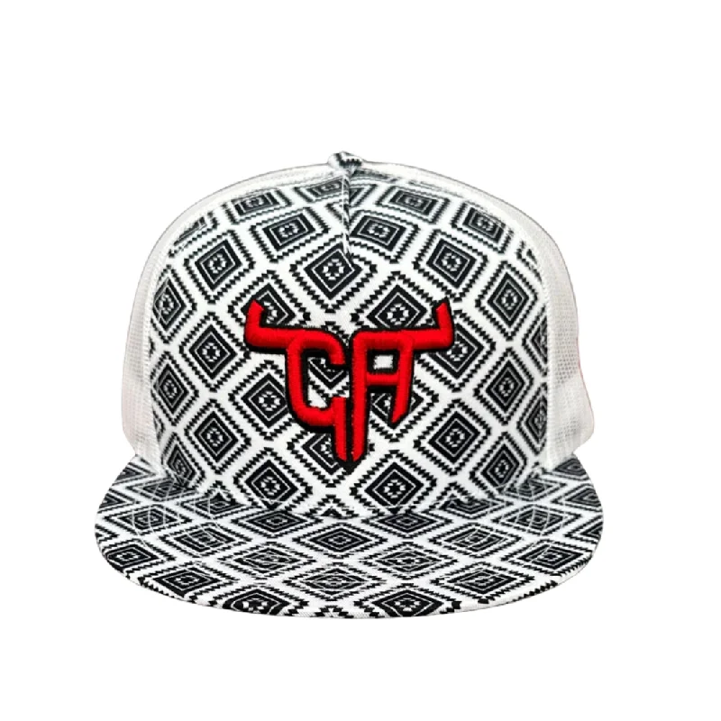 Mesh Baseball Cap for Ventilation -"CA Short Horn" Red Puff - CA Black/White Aztec, Snapback Cap By Cactus Alley Hat Co