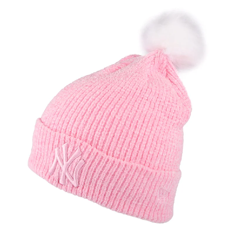 Fitted dad cap for relaxed snug wear -New Era Womens New York Yankees Faux Fur Pom Bobble Hat - MLB Chenille Bobble - Pink