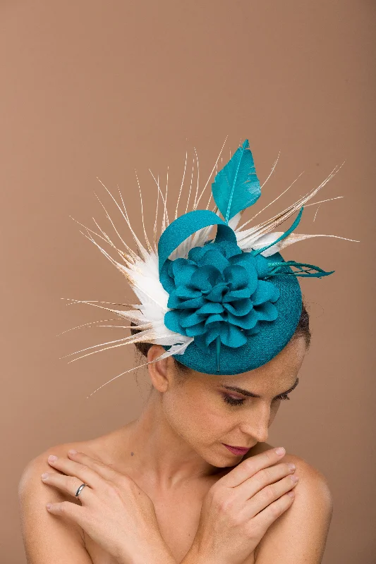 Designer felt hat with bold color options -Fascinator Hat Teal With White and Gold feathers (Annamarie)