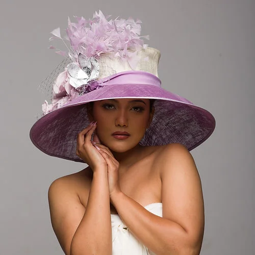 Bold felt hat with vibrant color pops -Classic lilac and beige derby hat