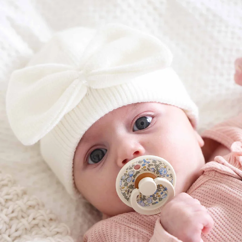 Sports team cap with bold logo front -Knit Newborn Bow Beanie | Light Ivory*