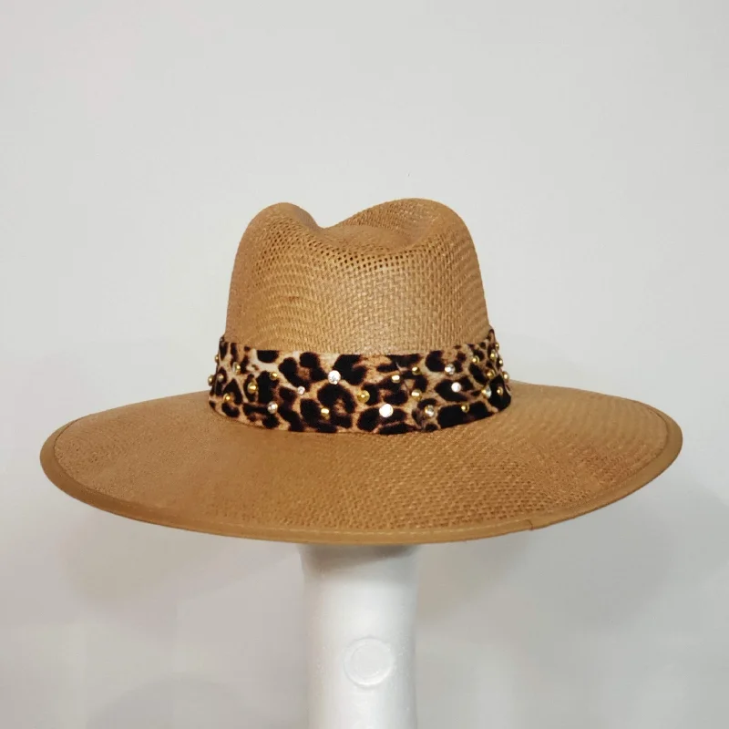 Elegant straw hat for women with ribbon detail and graceful finish -Straw Hat With Leopard Trim