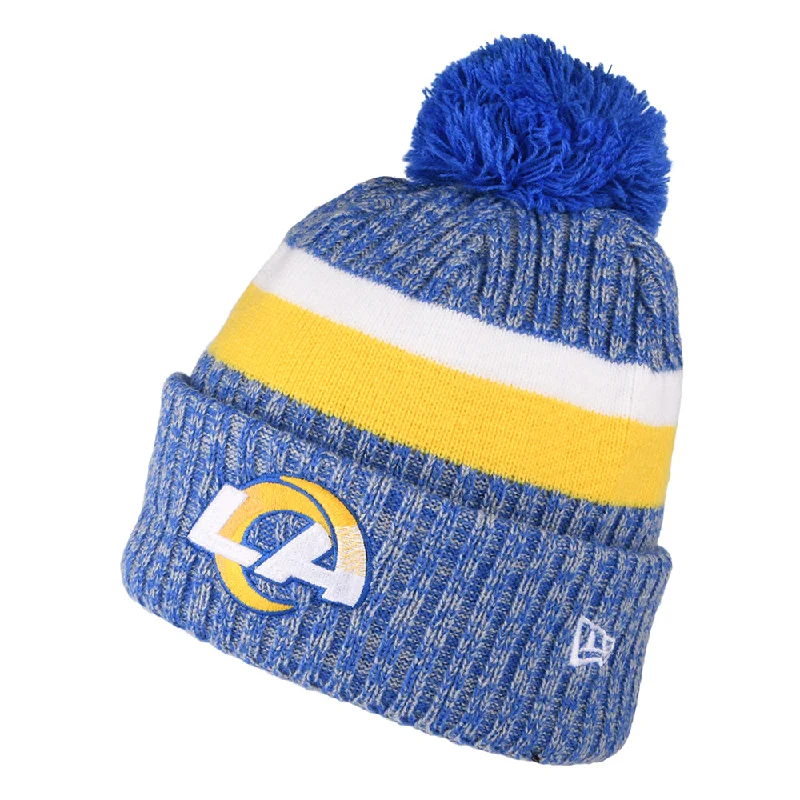 Fitted trucker cap for custom head fit -New Era Los Angeles Rams Bobble Hat - NFL Sideline Sport Knit - Royal Blue-Gold