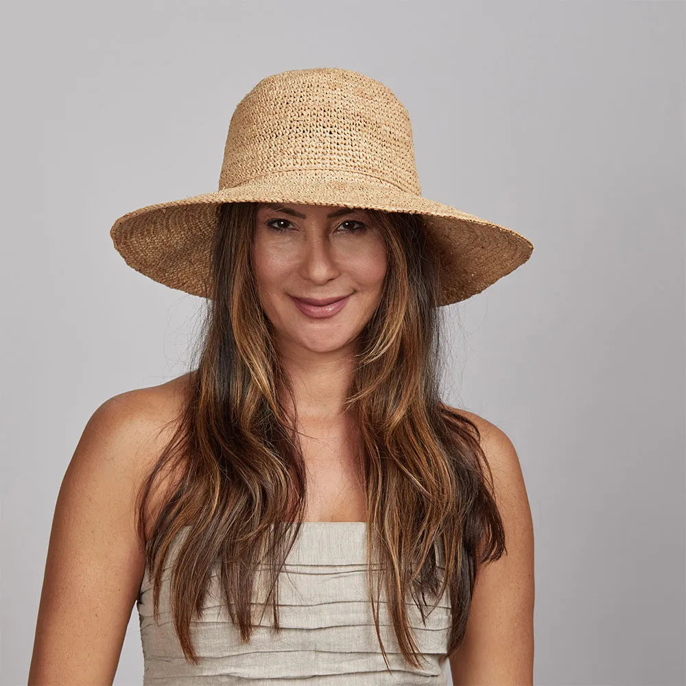 Classic straw sun hat for women with chic woven texture and sun protection -Nova | Womens Wide Brim Crocheted Raffia Palm Sun Hat