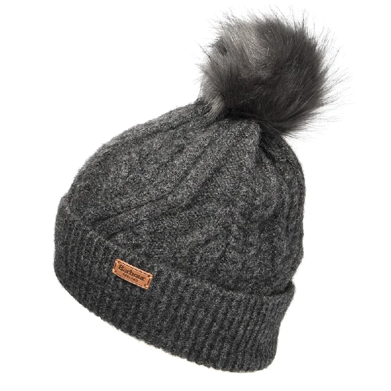 Cotton twill cap for durable daily use -Barbour Hats Elsdon Cable Knit Faux Fur Pom Bobble Hat - Grey