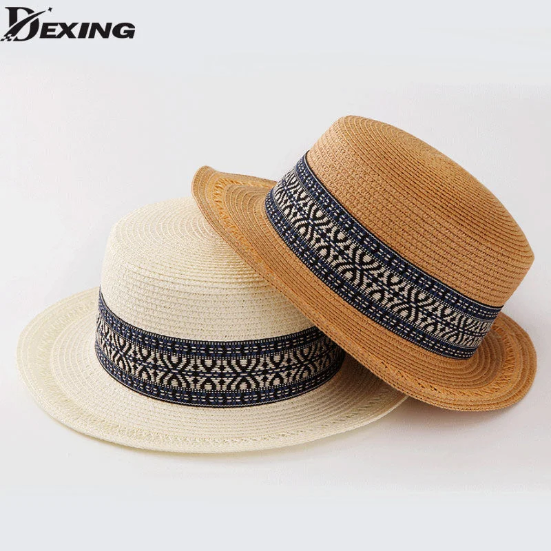 Versatile straw hat for men with narrow brim for casual and formal occasions -Flat Top Summer Straw Hat with Decorative Band