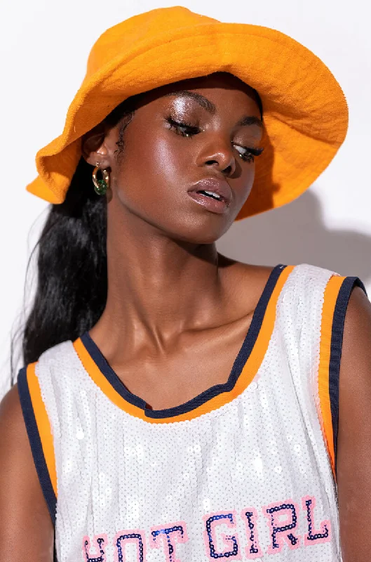 Brown Bucket Hat for Earthy -LIFE'S A BEACH TERRY BUCKET HAT ORANGE