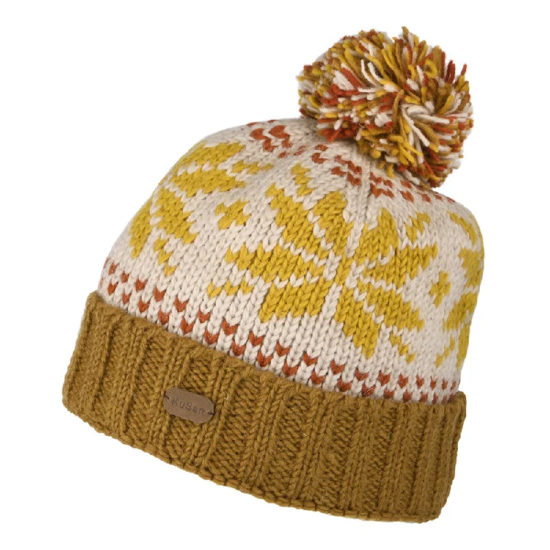 Team logo cap for loyal fan support -Kusan Snowflake Turn Up Bobble Hat - Mustard