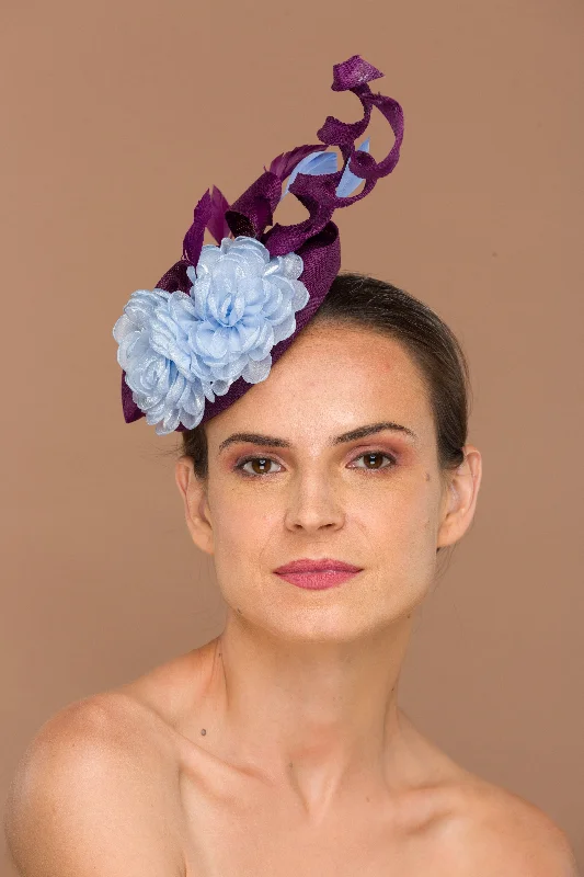 Handcrafted felt hat with natural wool tones -Cute Purple Fascinator With Blue Flower Trims (Giselle)