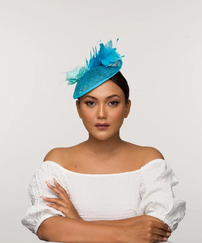 Lightweight felt hat for warm weather style -Samantha-blue fascinator with feather mount