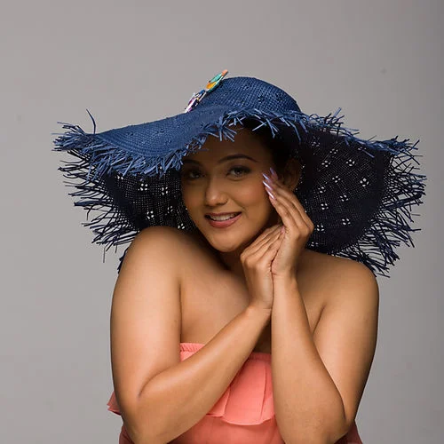 Handcrafted felt hat with natural wool tones -Damsel - Navy blue flowy sun hat with drama