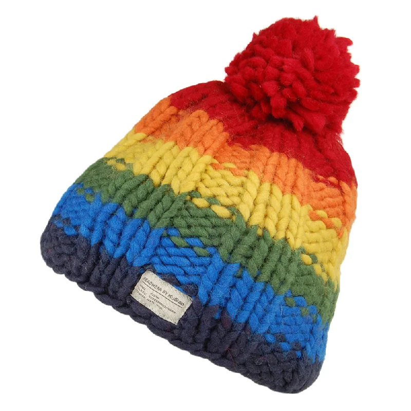 Graphic dad cap for quirky personality shine -Kusan Rainbow Moss Stitch Yarn Bobble Hat - Multi-Coloured