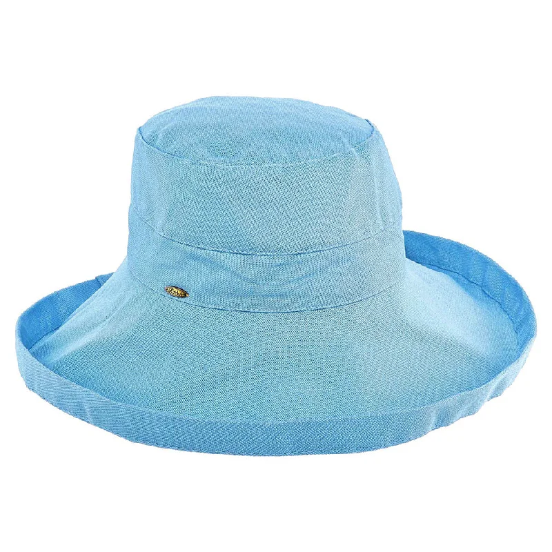 Wide-brim straw sun hat for women with UV protection for beach days -Scala Bari Packable Sun Hat - Mid Blue