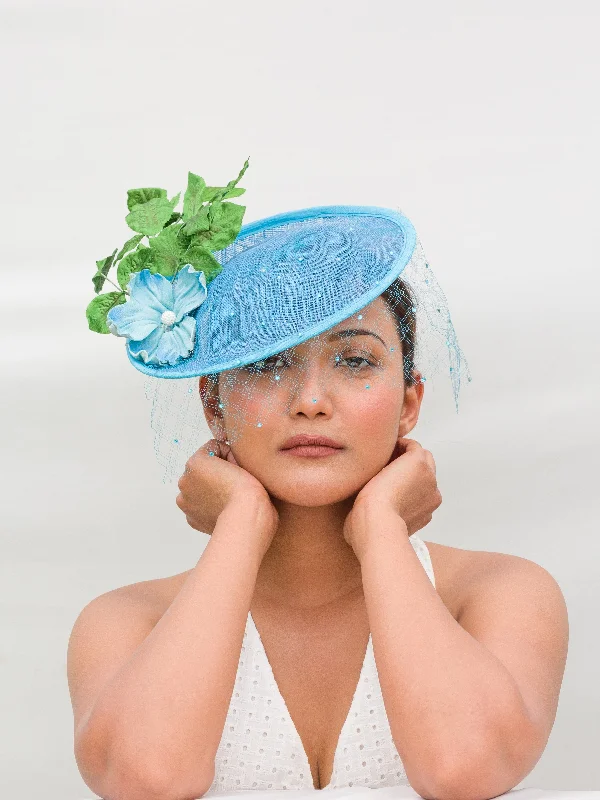 Bold felt hat with unique shape design -Blue Fascinator With Veil (Emery)