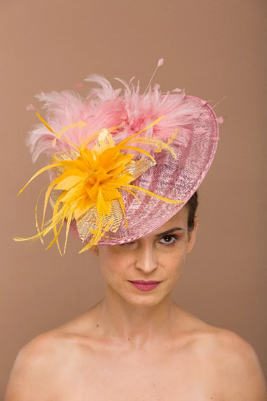 Soft felt hat with plush wool feel -Lillian- pink fascinator with feathers and golden yellow flower