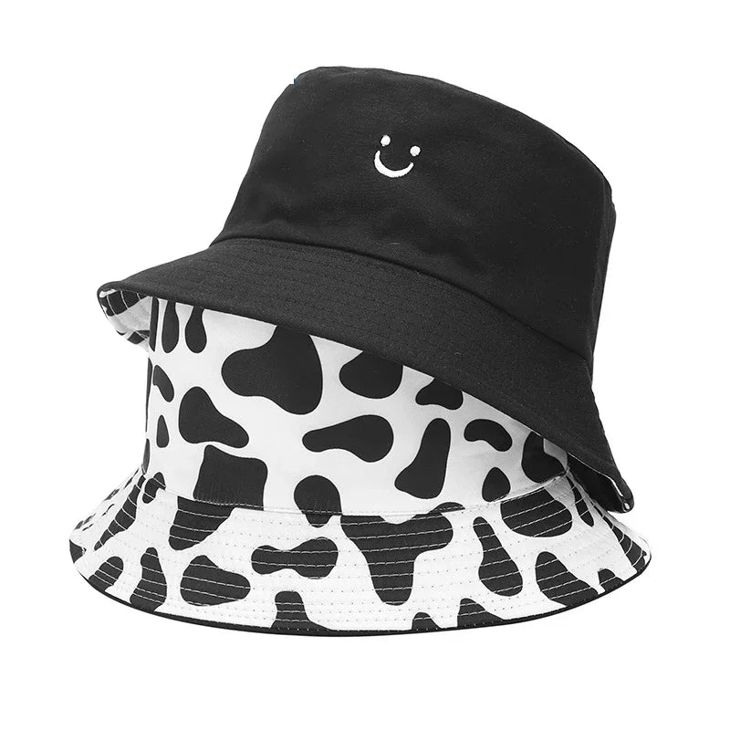 Adjustable Bucket Hat for Comfort -Black & White Cow Print Reversible Bucket Hat