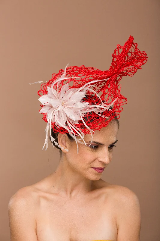 Affordable wool felt hat for simple elegance -Red Fascinator With Light Pink Flower (Brielle)