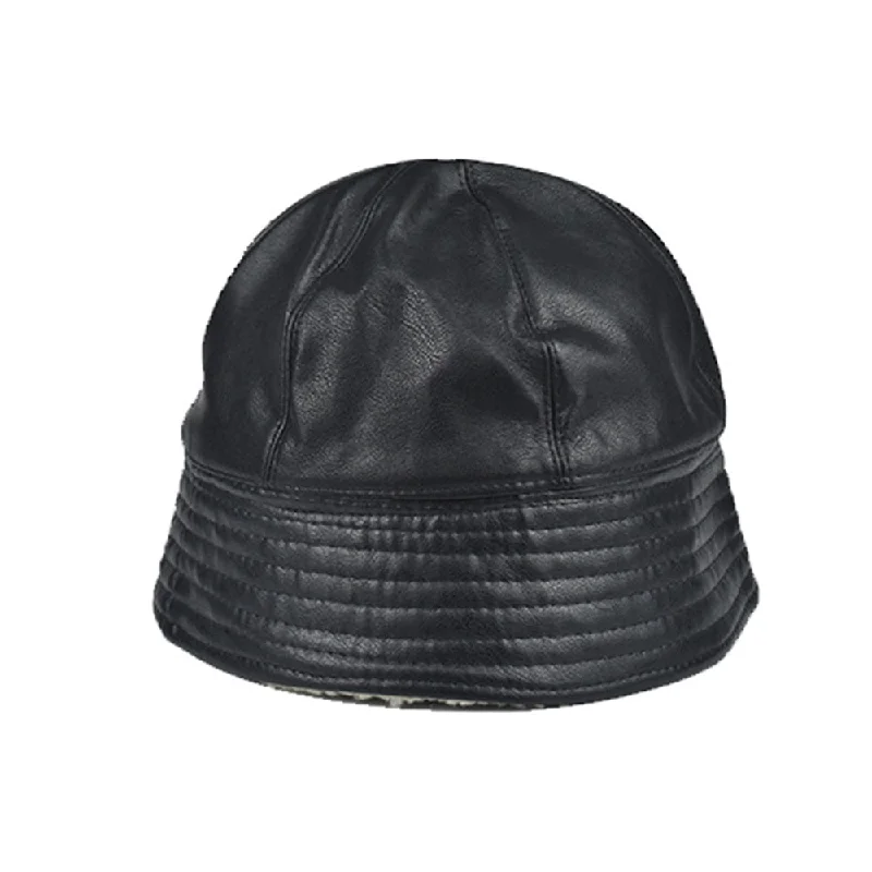 Appliquéd Bucket Hat for Creativity -Winter Hats For Women Black PU Bucket Hat Streetwear Plus Velvet Caps