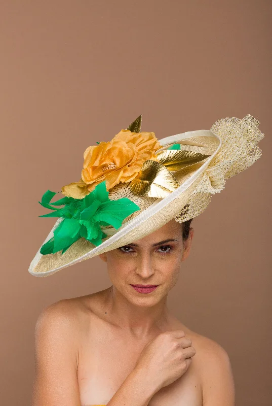 Stylish felt hat with modern brim curve -Gold Fascinator Kentucky Derby (Rebecca)