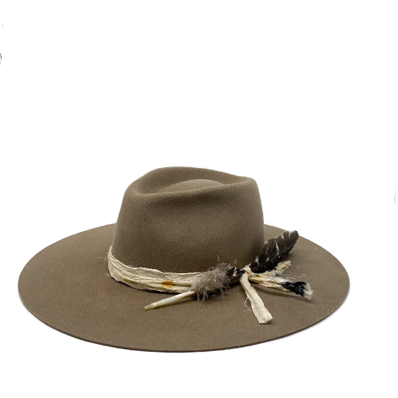 Trendy felt hat for modern urban outfits -MONTANA FEDORA ALMOND w/ vintage silk wrap