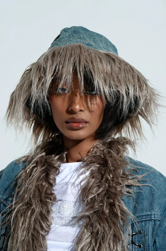 Animal Print Bucket Hat for Fun -SADE FUR TRIM DENIM BUCKET HAT