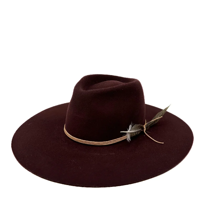 Elegant felt hat for formal evening events -Montana fedora in burgundy with wrapped leather and feather