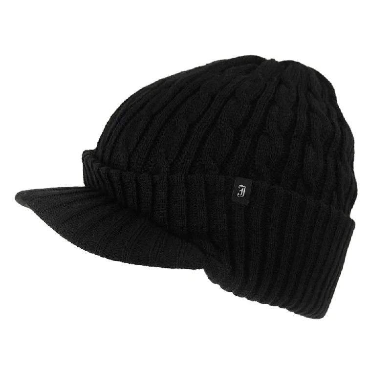 Premium leather cap with stitched logo detail -Jaxon & James Cable Knit Peaked Beanie - Black - Wholesale Pack