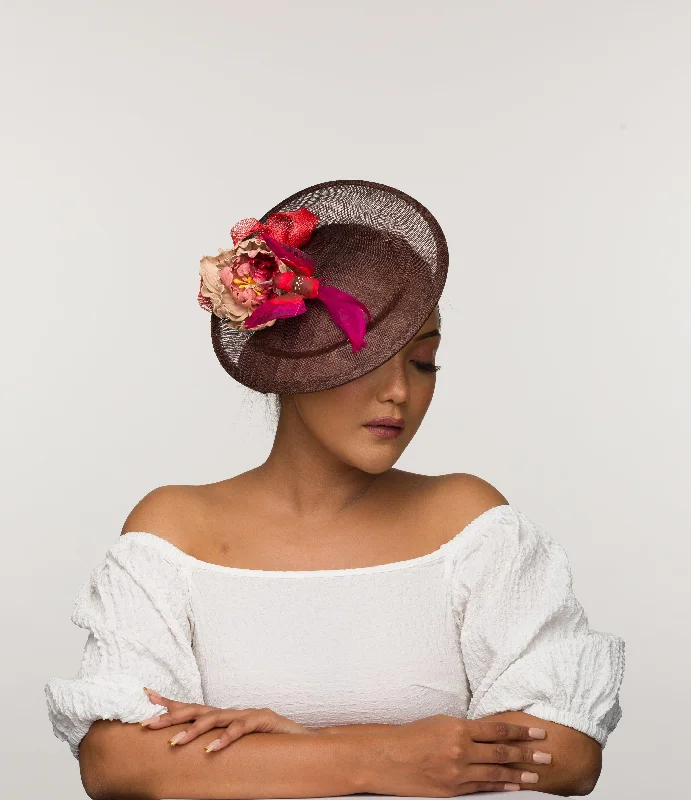 Soft felt hat for cozy everyday comfort -Margot- brown fascinator base with hand painted leather flower and humming bird