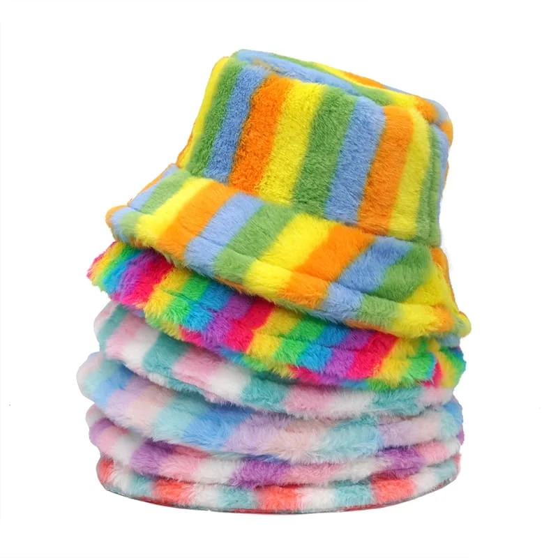 Black Bucket Hat for Versatile -Colourful Striped Fur Bucket hat