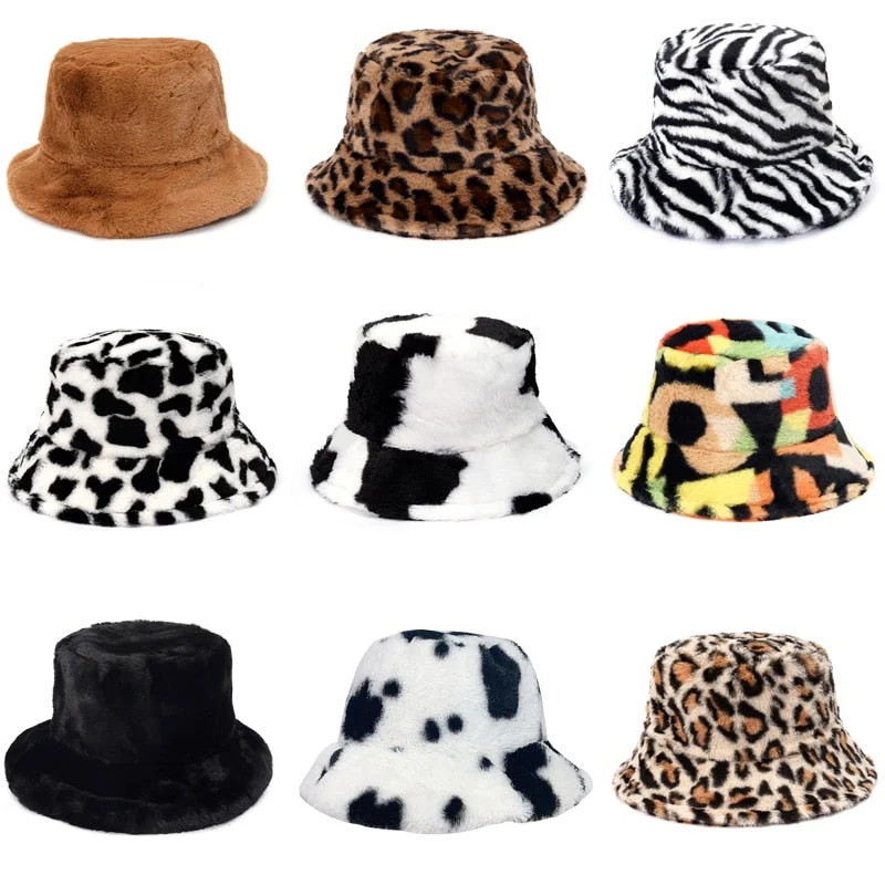 Fashionable Bucket Hat for Style -Winter Cow Leopard Faux Fur Fluffy Bucket Hats Women Outdoor Warm Hat